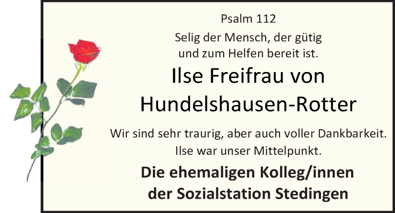  Traueranzeige für Ilse Freifrau von Hundelshausen-Rotter vom 06.05.2021 aus Nordwest-Zeitung