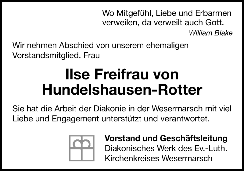  Traueranzeige für Ilse Freifrau von Hundelshausen-Rotter vom 05.05.2021 aus Nordwest-Zeitung