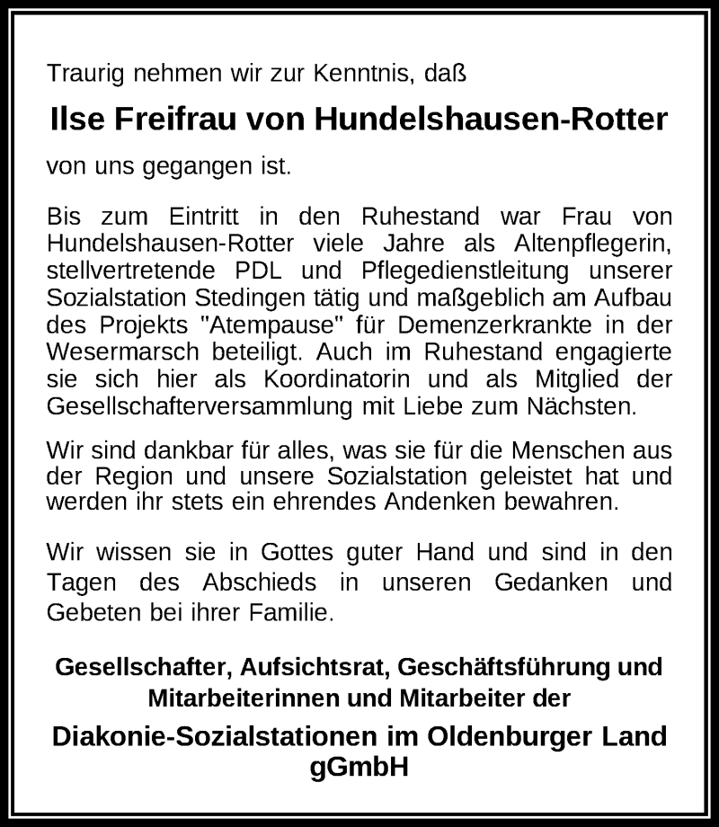  Traueranzeige für Ilse Freifrau von Hundelshausen-Rotter vom 08.05.2021 aus Nordwest-Zeitung