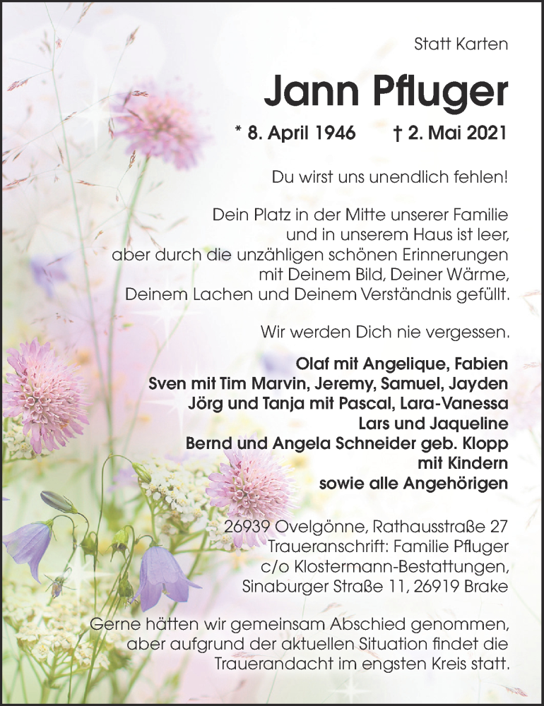  Traueranzeige für Jann Pfluger vom 10.05.2021 aus Nordwest-Zeitung