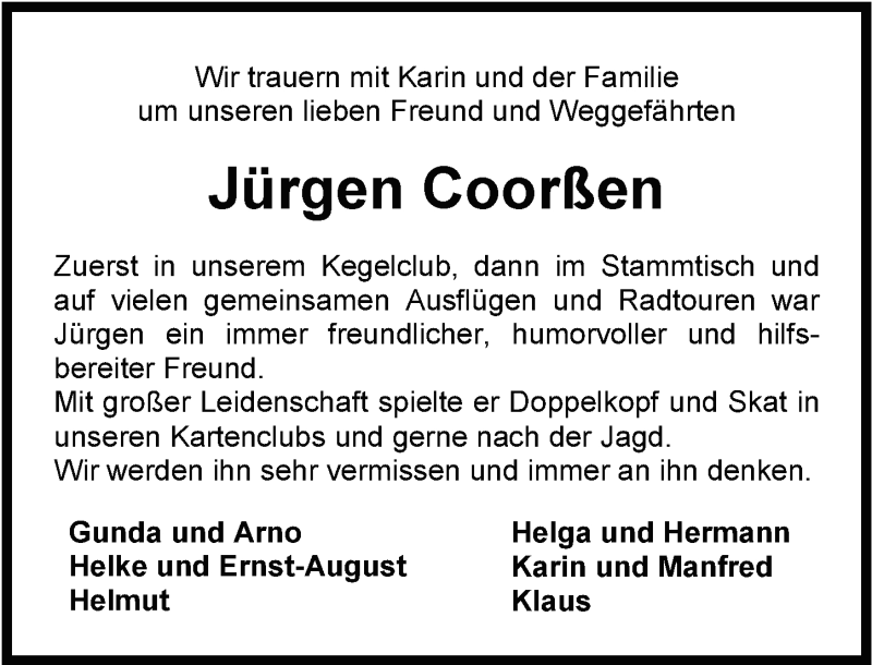  Traueranzeige für Jürgen Coorßen vom 04.05.2021 aus Nordwest-Zeitung