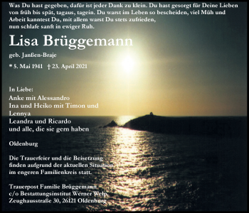 Traueranzeige von Lisa Brüggemann von Nordwest-Zeitung
