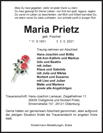Traueranzeige von Maria Prietz von Nordwest-Zeitung