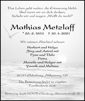 Traueranzeige von Mathias Metzlaff von Nordwest-Zeitung