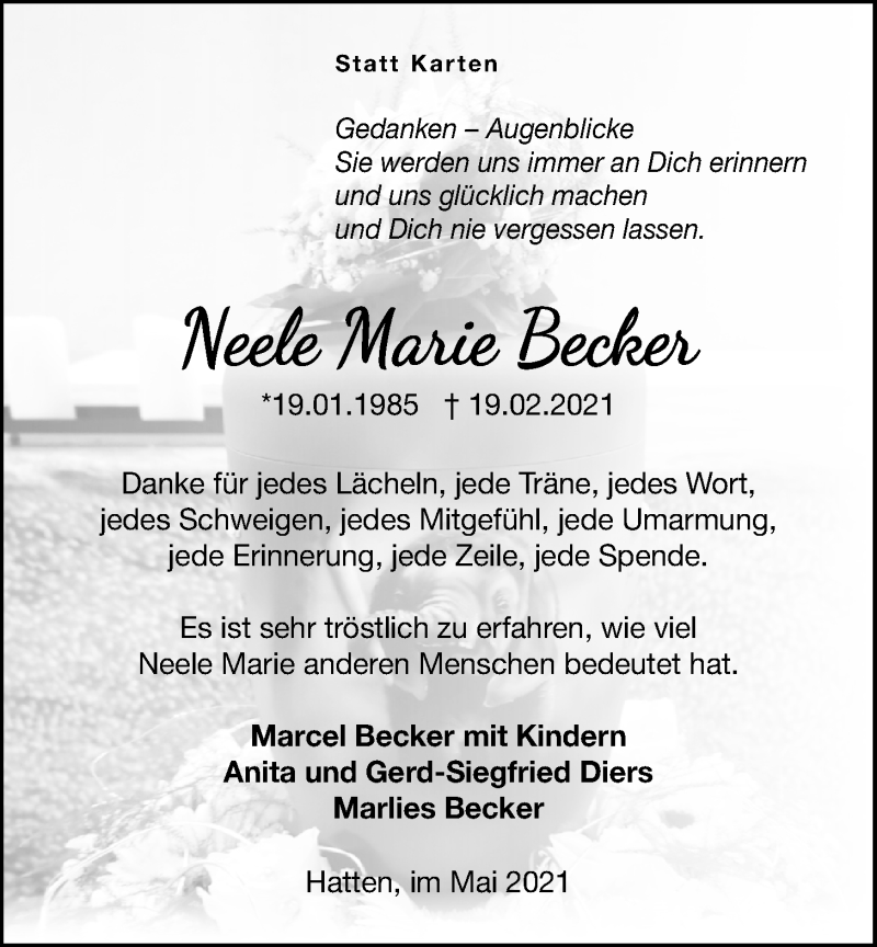  Traueranzeige für Neele Marie Becker vom 08.05.2021 aus Nordwest-Zeitung