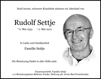 Traueranzeige von Rudolf Settje von Nordwest-Zeitung