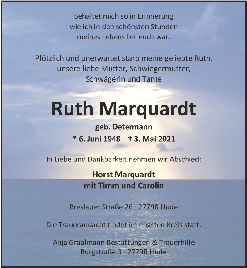  Traueranzeige für Ruth Marquardt vom 08.05.2021 aus Nordwest-Zeitung