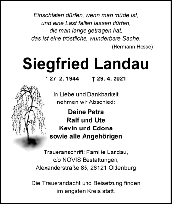 Traueranzeige von Siegfried Landau von Nordwest-Zeitung