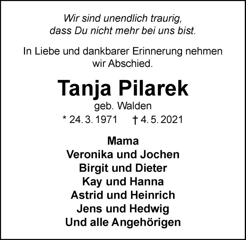 Traueranzeige für Tanja Pilarek vom 08.05.2021 aus Nordwest-Zeitung