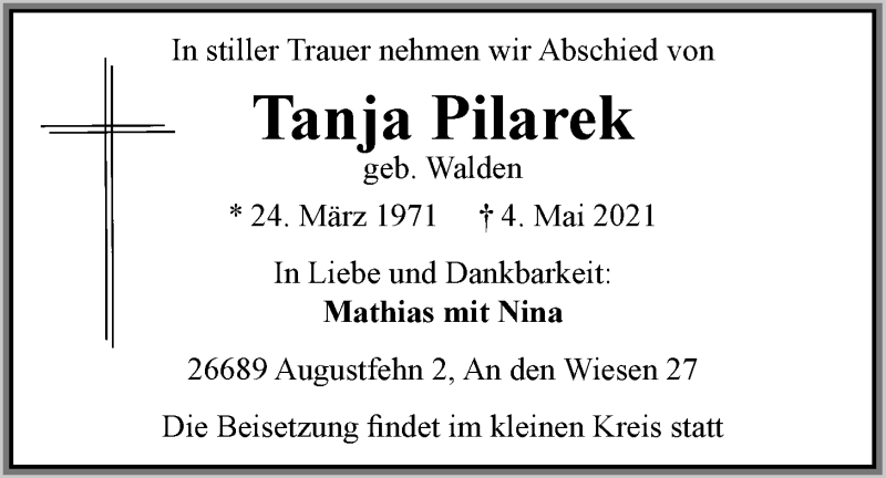  Traueranzeige für Tanja Pilarek vom 08.05.2021 aus Nordwest-Zeitung