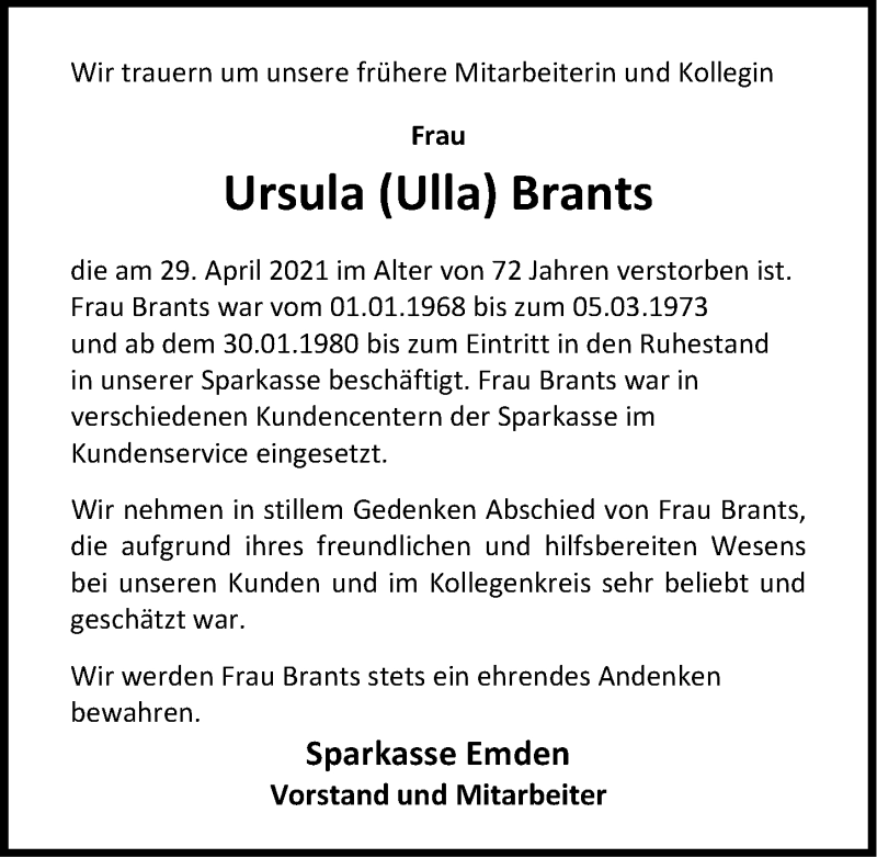  Traueranzeige für Ursula Brants vom 04.05.2021 aus Emder Zeitung