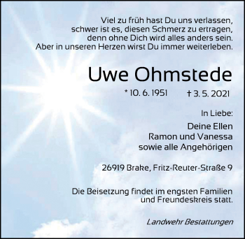 Traueranzeige von Uwe Ohmstede von Nordwest-Zeitung