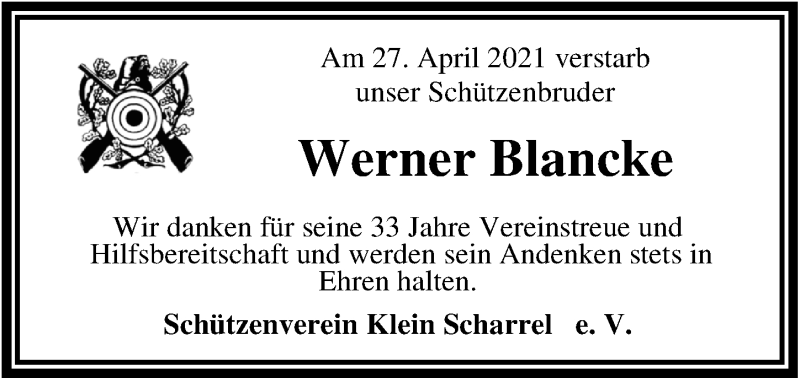  Traueranzeige für Werner Blancke vom 04.05.2021 aus Nordwest-Zeitung