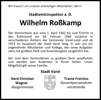 Traueranzeige von Wilhelm Roßkamp von Nordwest-Zeitung