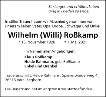 Traueranzeige von Wilhelm Roßkamp von Nordwest-Zeitung