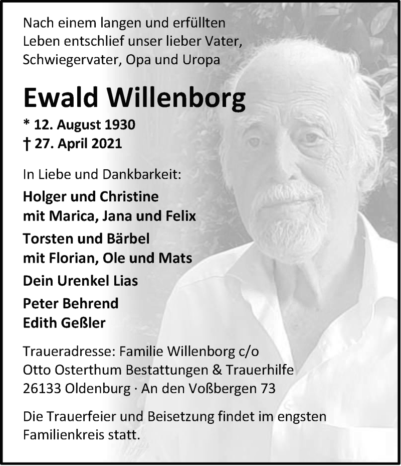  Traueranzeige für Willenborg Ewald vom 08.05.2021 aus Nordwest-Zeitung