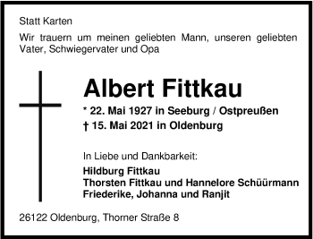 Traueranzeige von Albert Fittkau von Nordwest-Zeitung