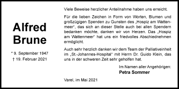 Traueranzeige von Alfred Brune von Nordwest-Zeitung