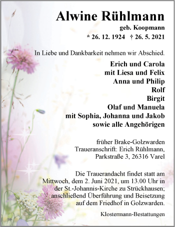 Traueranzeige von Alwine Rühlmann von Nordwest-Zeitung