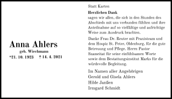 Traueranzeige von Anna Ahlers von Nordwest-Zeitung