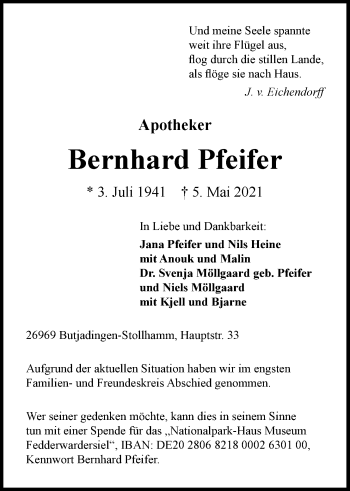 Traueranzeige von Bernhard Pfeifer von Nordwest-Zeitung