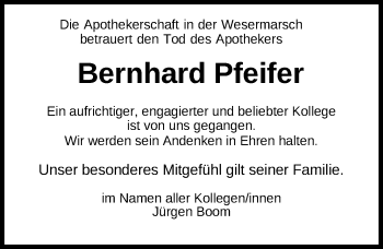 Traueranzeige von Bernhard Pfeifer von Nordwest-Zeitung