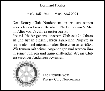 Traueranzeige von Bernhard Pfeifer von Nordwest-Zeitung