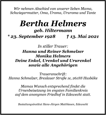 Traueranzeige von Bertha Helmers von Nordwest-Zeitung