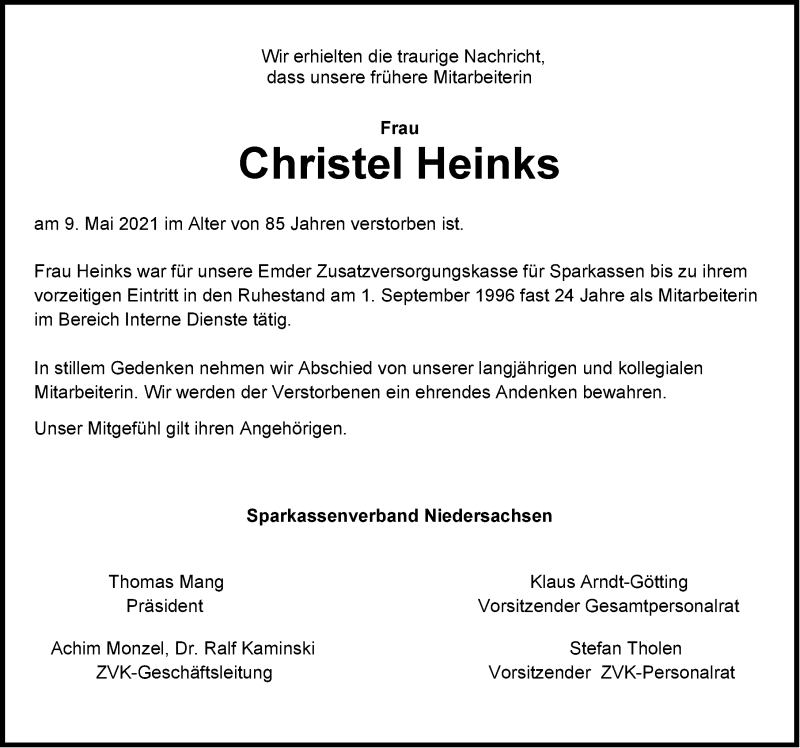  Traueranzeige für Christel Heinks vom 15.05.2021 aus Emder Zeitung