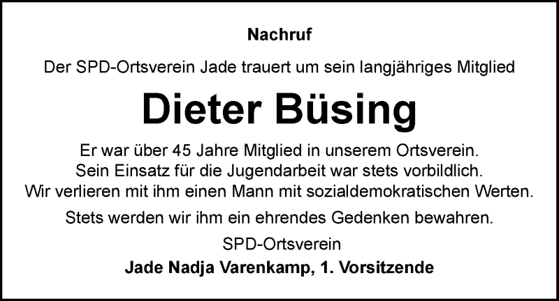  Traueranzeige für Dieter Büsing vom 19.05.2021 aus Nordwest-Zeitung