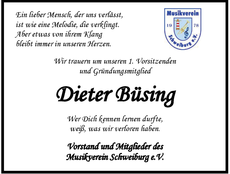 Traueranzeige für Dieter Büsing vom 18.05.2021 aus Nordwest-Zeitung