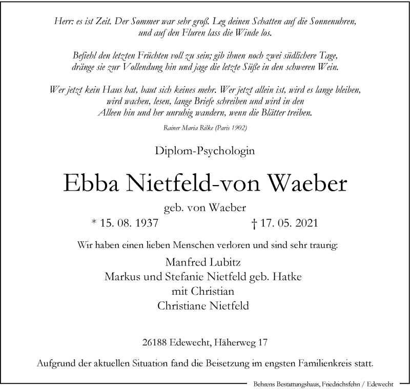  Traueranzeige für Ebba Nietfeld-von Waeber vom 21.05.2021 aus Nordwest-Zeitung