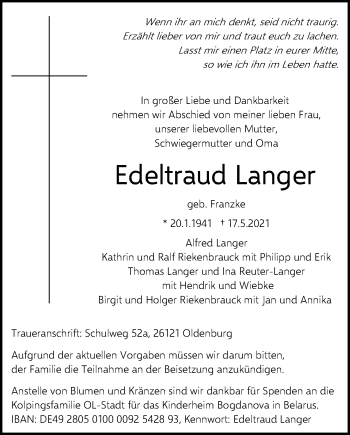 Traueranzeige von Edeltraud Langer von Nordwest-Zeitung