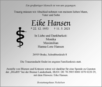 Traueranzeige von Eike Hansen von Nordwest-Zeitung