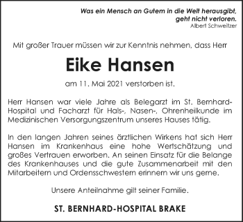 Traueranzeige von Eike Hansen von Nordwest-Zeitung