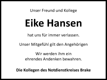 Traueranzeige von Eike Hansen von Nordwest-Zeitung