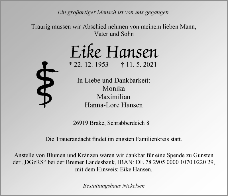  Traueranzeige für Eike Hansen vom 18.05.2021 aus Nordwest-Zeitung
