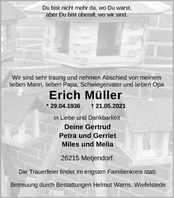 Traueranzeige von Erich Müller von Nordwest-Zeitung