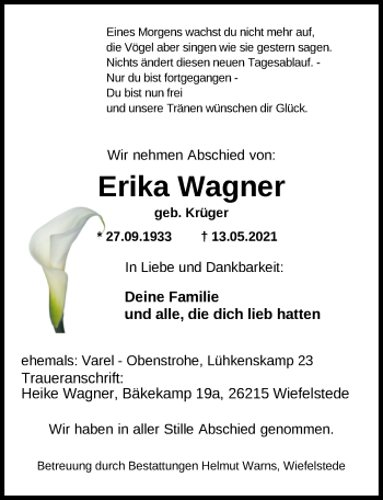 Traueranzeige von Erika Wagner von Nordwest-Zeitung