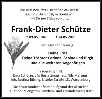 Traueranzeige von Frank-Dieter Schütze von Nordwest-Zeitung