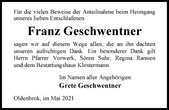 Traueranzeige von Franz Geschwentner von Nordwest-Zeitung
