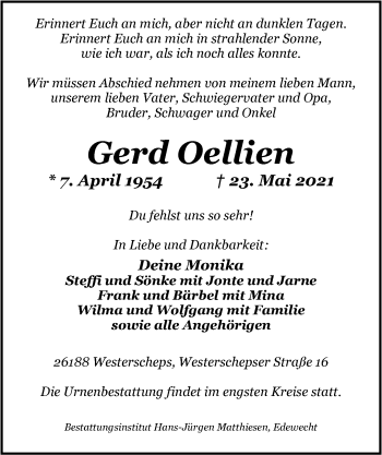 Traueranzeige von Gerd Oellien von Nordwest-Zeitung