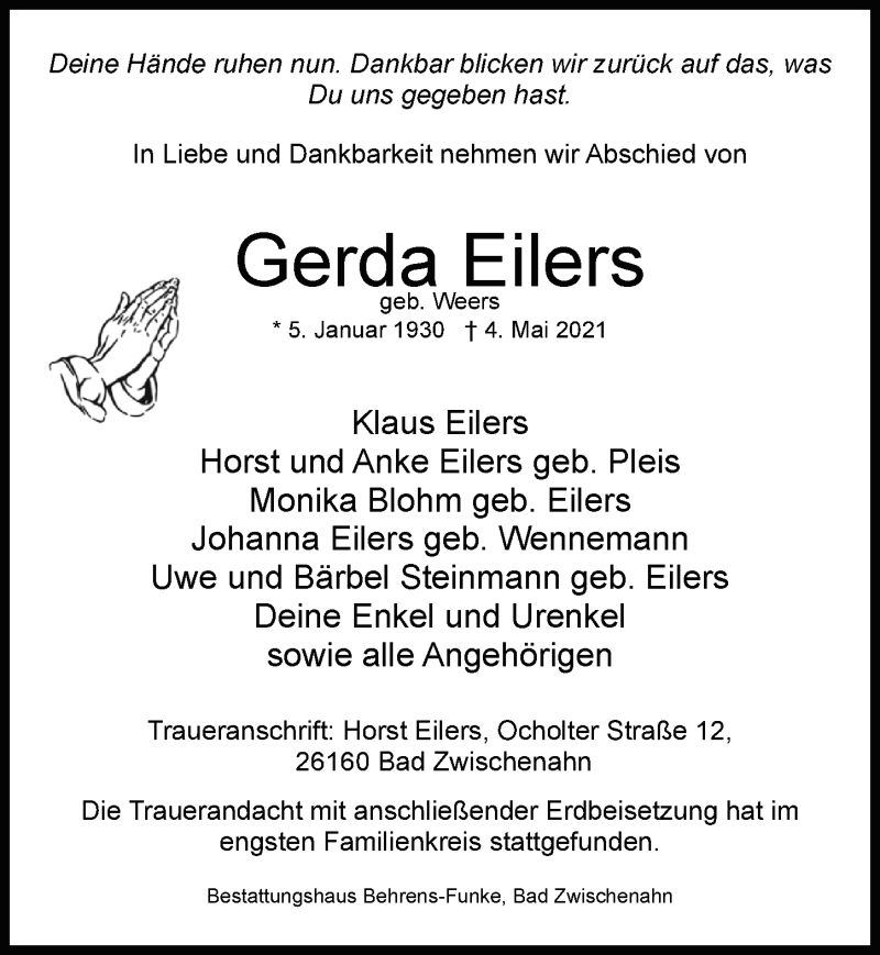  Traueranzeige für Gerda Eilers vom 12.05.2021 aus Nordwest-Zeitung