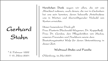 Traueranzeige von Gerhard Stahn von Nordwest-Zeitung