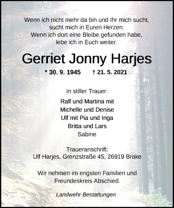 Traueranzeige von Gerriet Jonny Harjes von Nordwest-Zeitung