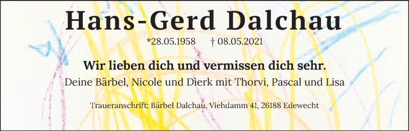  Traueranzeige für Hans-Gerd Dalchau vom 12.05.2021 aus Nordwest-Zeitung
