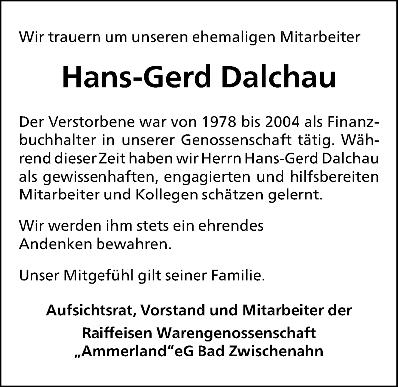  Traueranzeige für Hans-Gerd Dalchau vom 14.05.2021 aus Nordwest-Zeitung