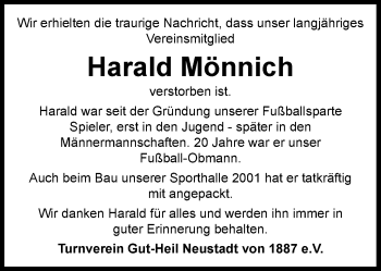 Traueranzeige von Harald Mönnich von Nordwest-Zeitung