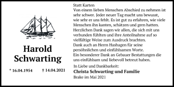 Traueranzeige von Harold Schwarting von Nordwest-Zeitung