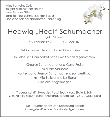 Traueranzeige von Hedwig Schumacher von Nordwest-Zeitung